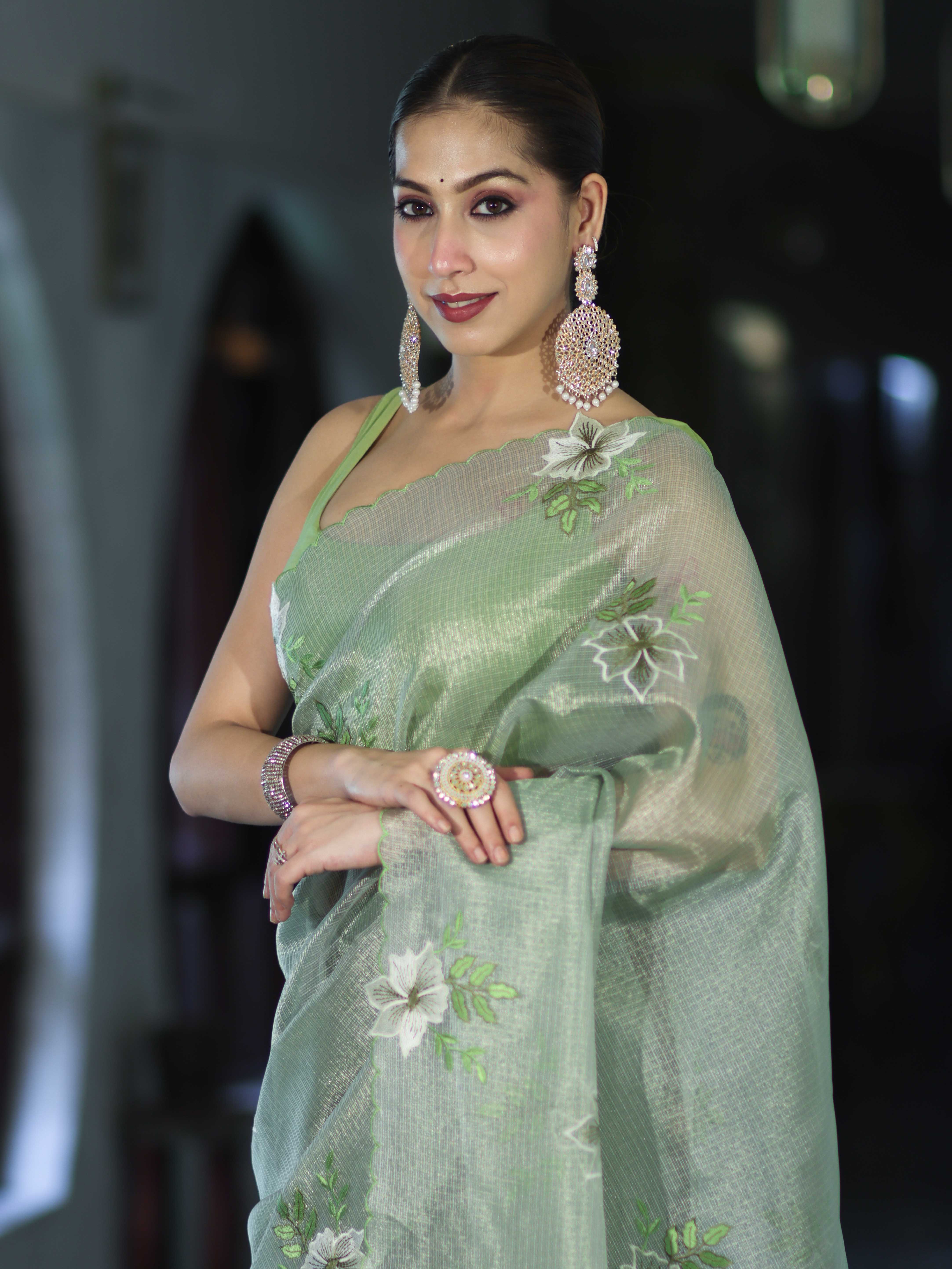 Banarasee Tissue Saree With Resham Embroidery Applique Work Pallu & Scallop Border-Light Green