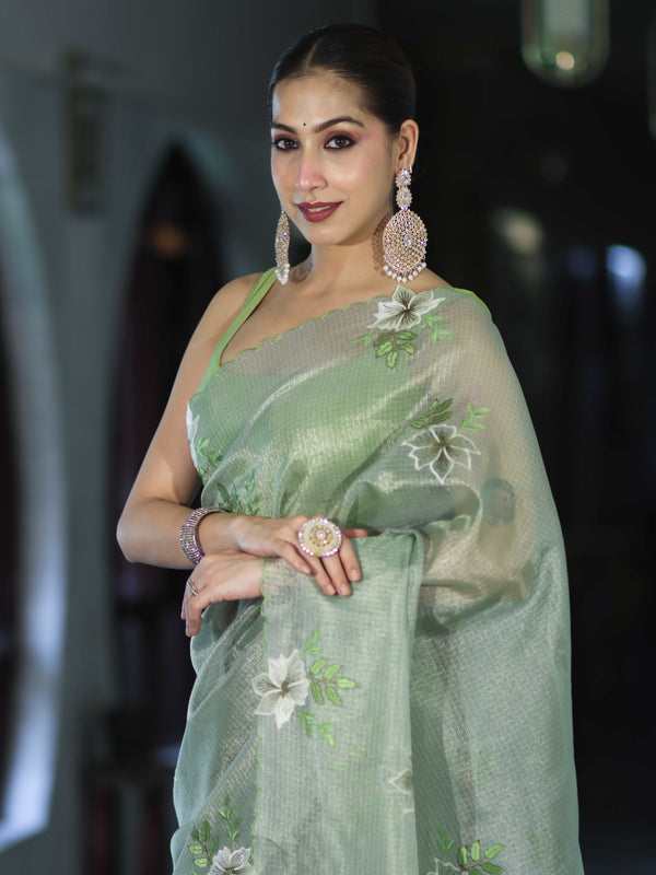 Banarasee Tissue Saree With Resham Embroidery Applique Work Pallu & Scallop Border-Light Green
