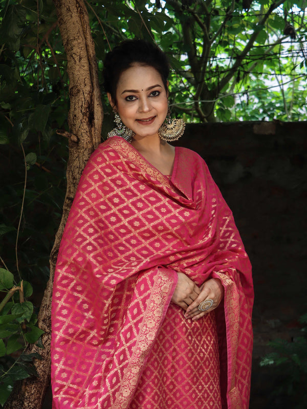 Banarasee Cotton Silk Zari Woven Salwar Kameez Dupatta Set-Fuscia Pink