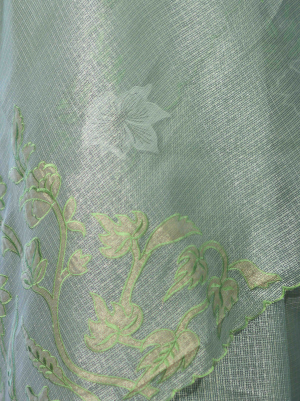 Banarasee Tissue Saree With Resham Embroidery Applique Work Pallu & Scallop Border-Light Green