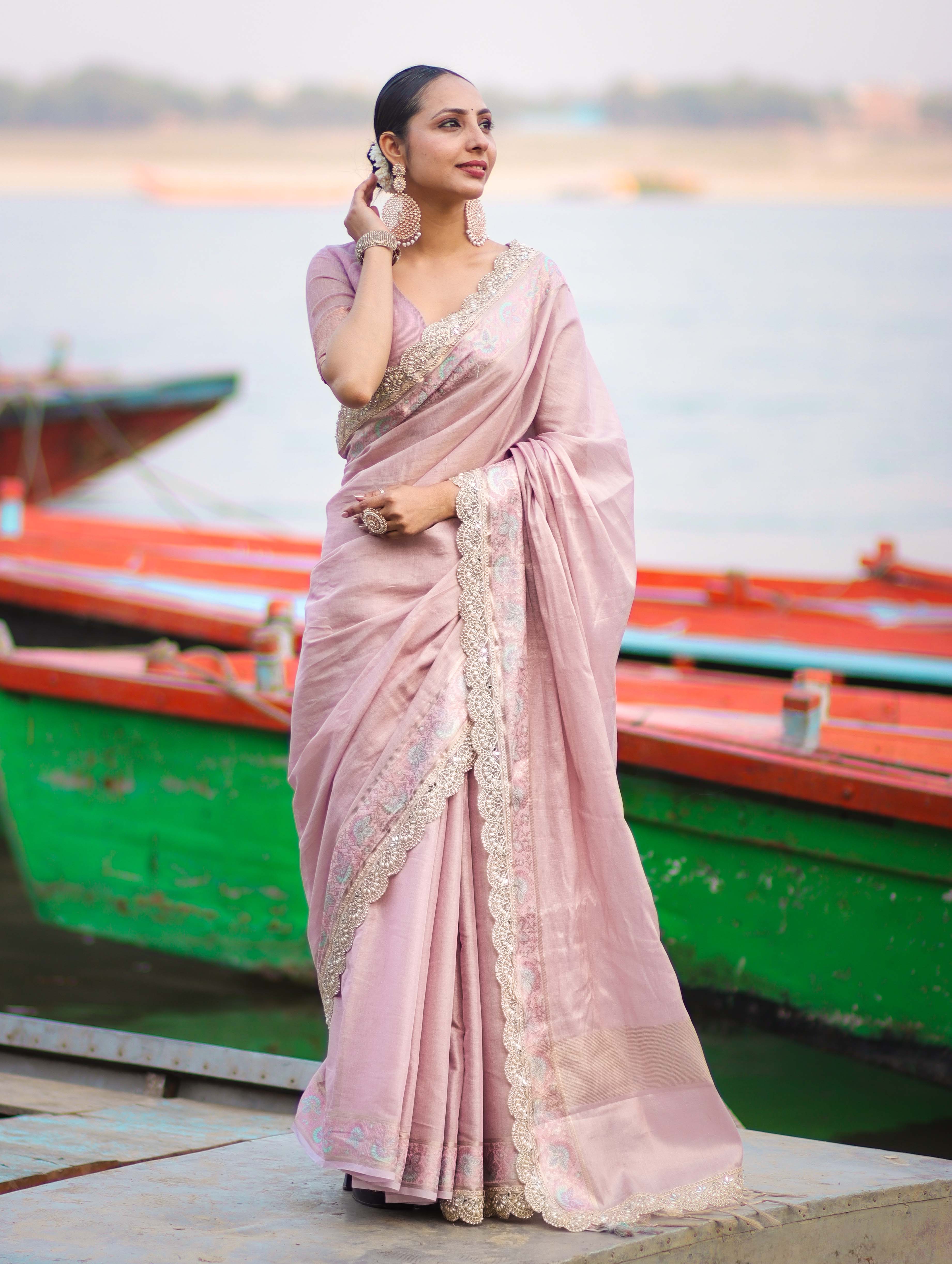 Banarasee Handloom Plain Soft Tissue Shine Saree With Resham Zari Border & Lace-Light Pink
