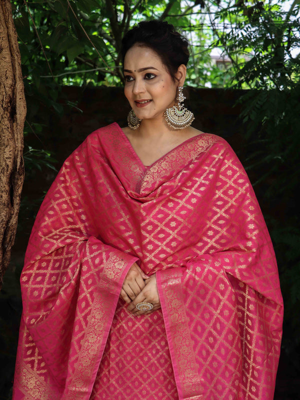Banarasee Cotton Silk Zari Woven Salwar Kameez Dupatta Set-Fuscia Pink