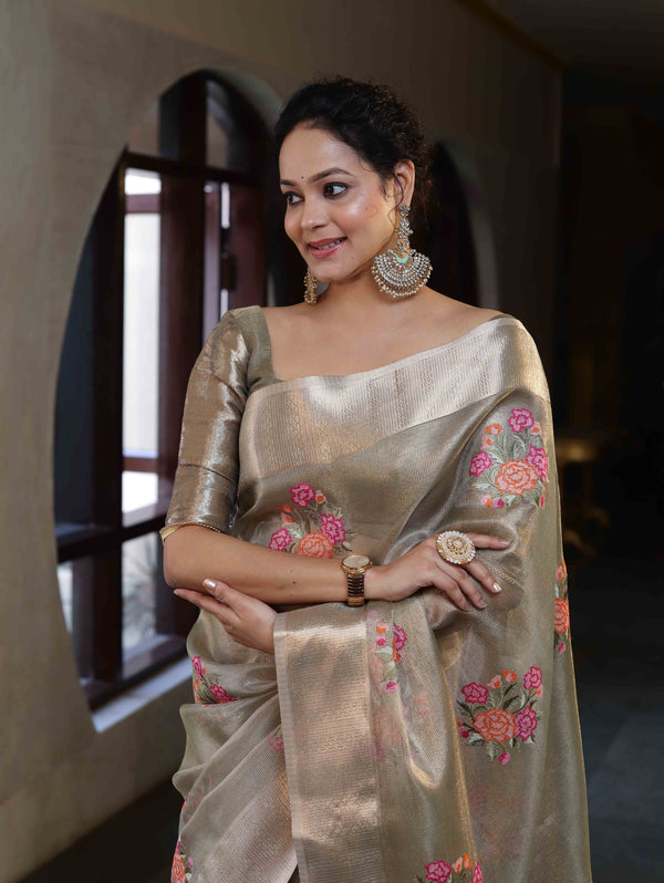 Banarasee Handwoven Tissue Saree With Thread Embroidered Buta & Zari Border-Gold