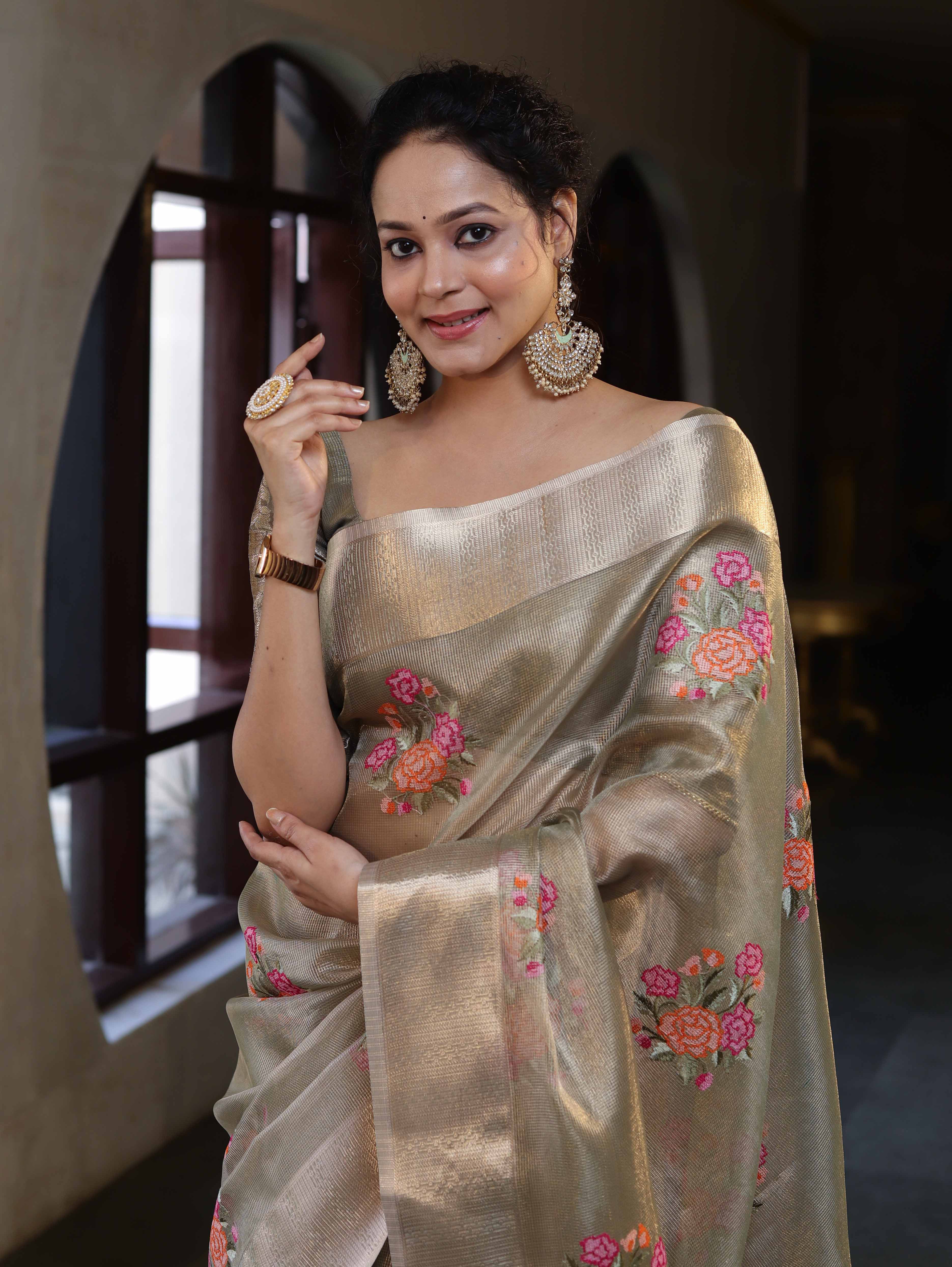 Banarasee Handwoven Tissue Saree With Thread Embroidered Buta & Zari Border-Gold