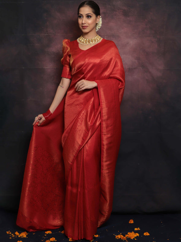 Banarasee Kubera Pattu Soft Silk Saree With Copper Zari Work-Red
