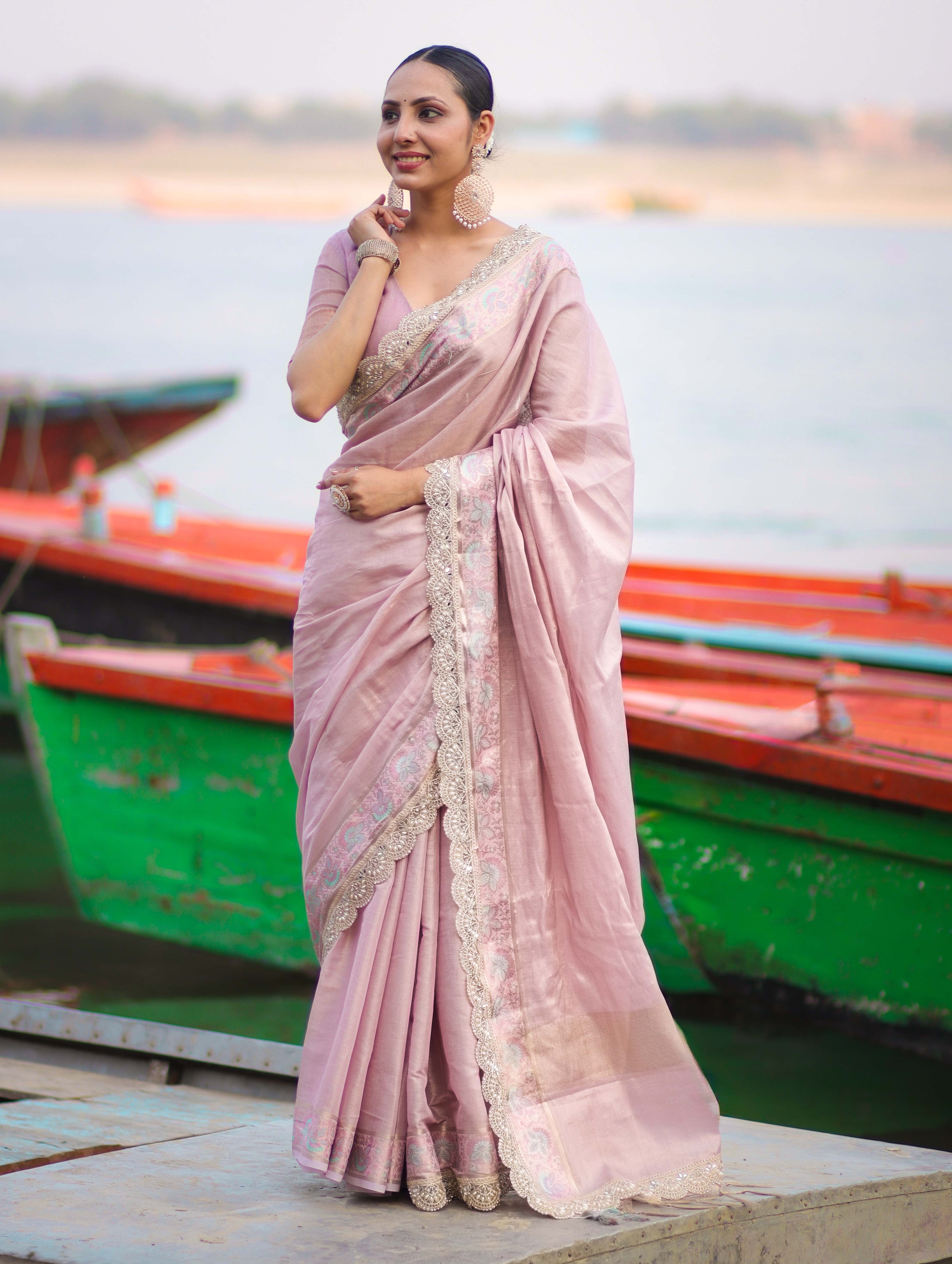Banarasee Handloom Plain Soft Tissue Shine Saree With Resham Zari Border & Lace-Light Pink