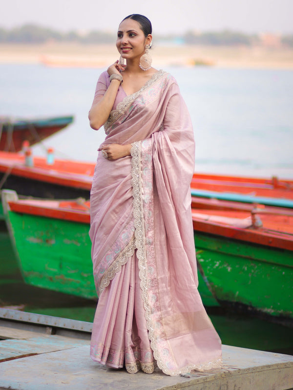 Banarasee Handloom Plain Soft Tissue Shine Saree With Resham Zari Border & Lace-Light Pink