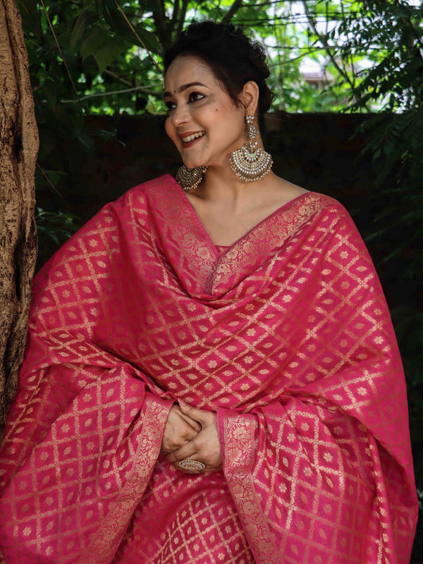 Banarasee Cotton Silk Zari Woven Salwar Kameez Dupatta Set-Fuscia Pink