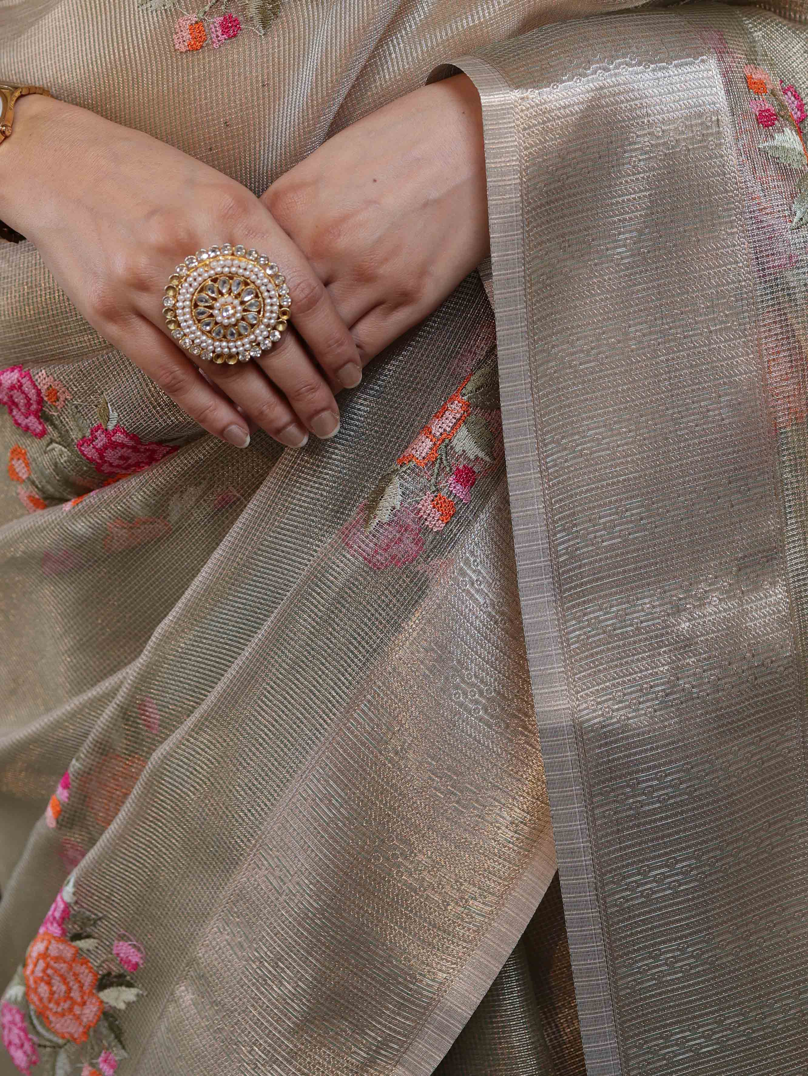 Banarasee Handwoven Tissue Saree With Thread Embroidered Buta & Zari Border-Gold