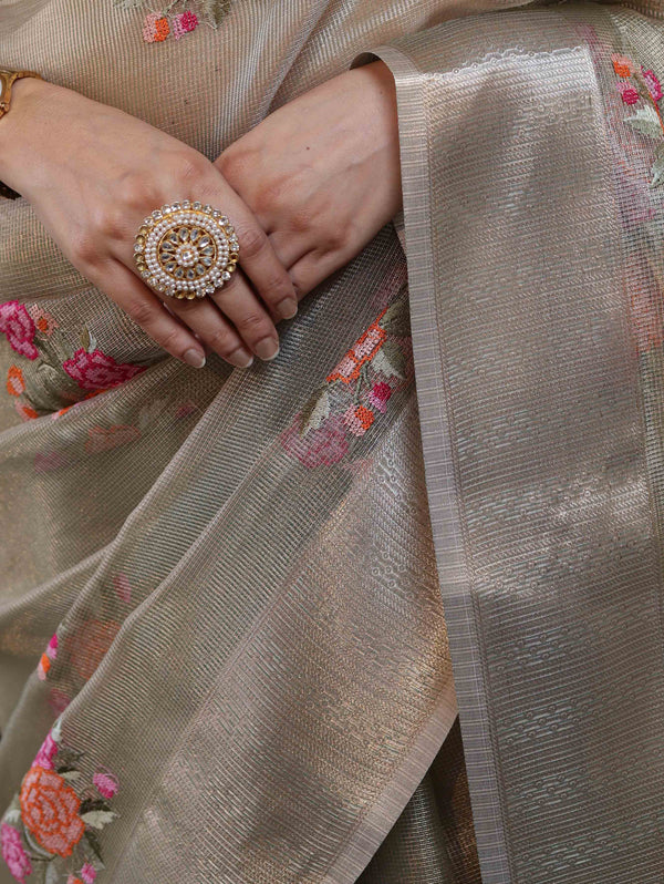 Banarasee Handwoven Tissue Saree With Thread Embroidered Buta & Zari Border-Gold