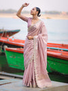 Banarasee Handloom Plain Soft Tissue Shine Saree With Resham Zari Border & Lace-Light Pink