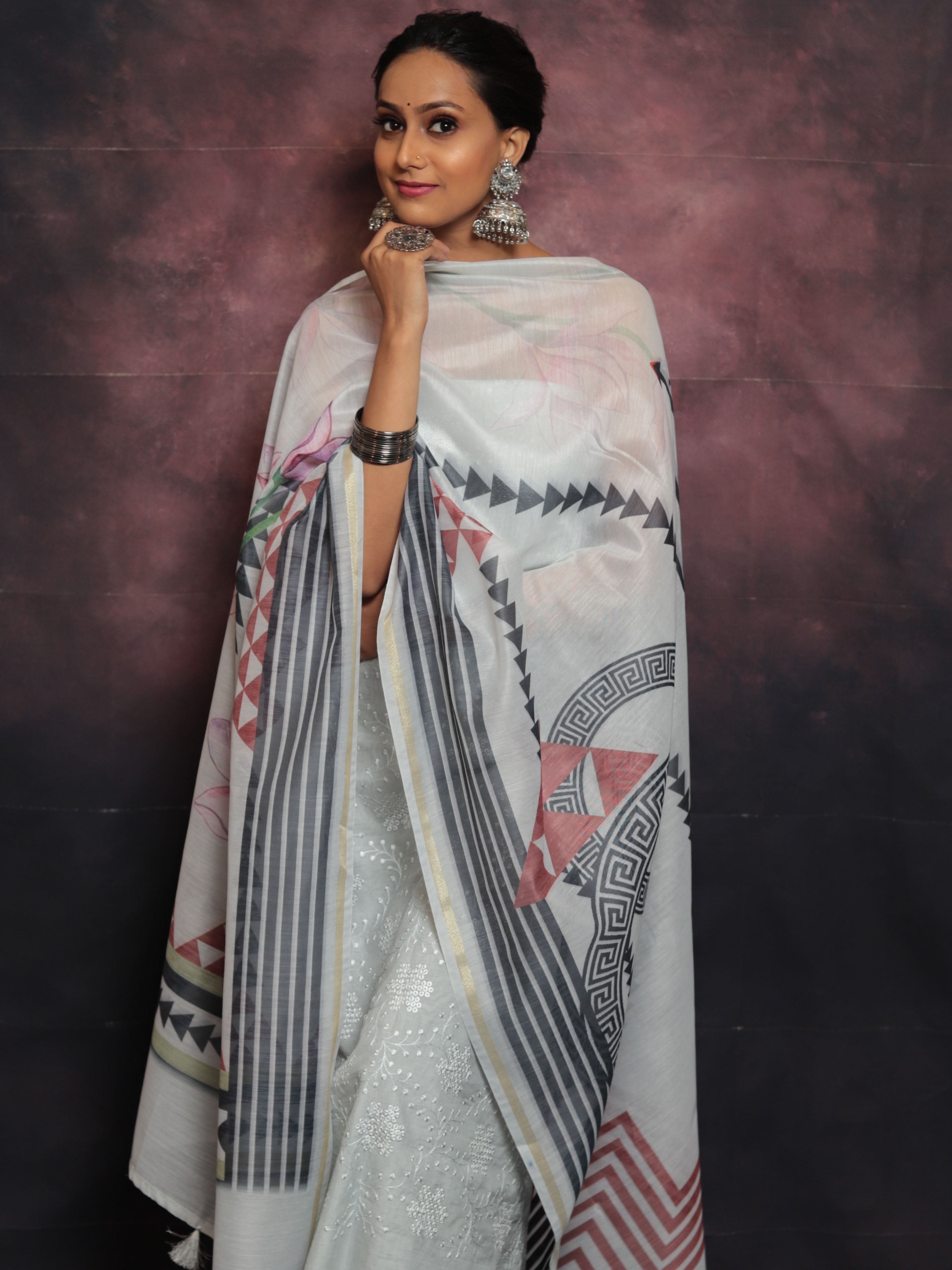 Banarasee Embroidered Chanderi Salwar Kameez With Digital Print Dupatta-Grey