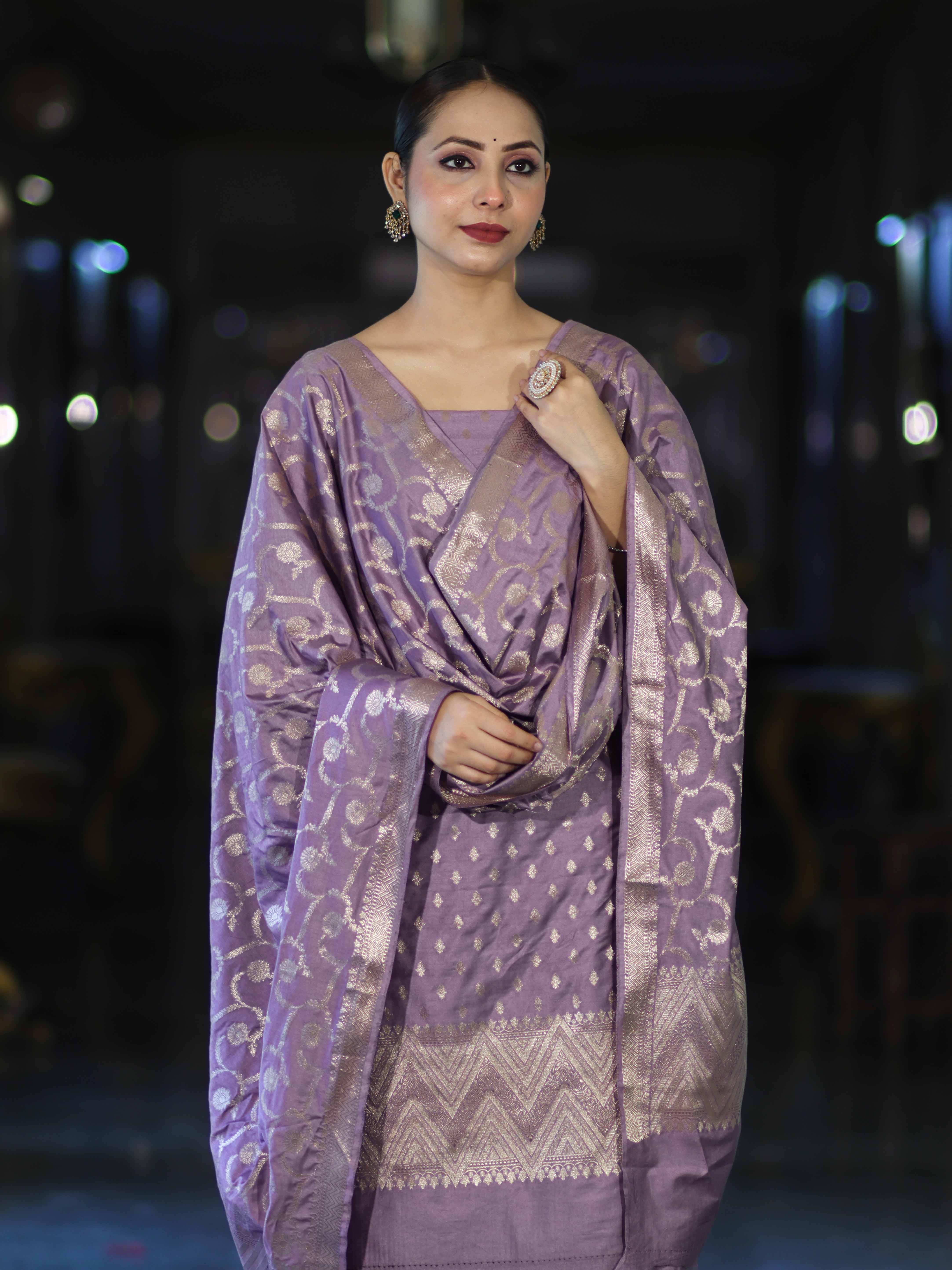 Banarasee Zari Embroidered Chanderi Silk Salwar Kameez With Dupatta Set-Lavender
