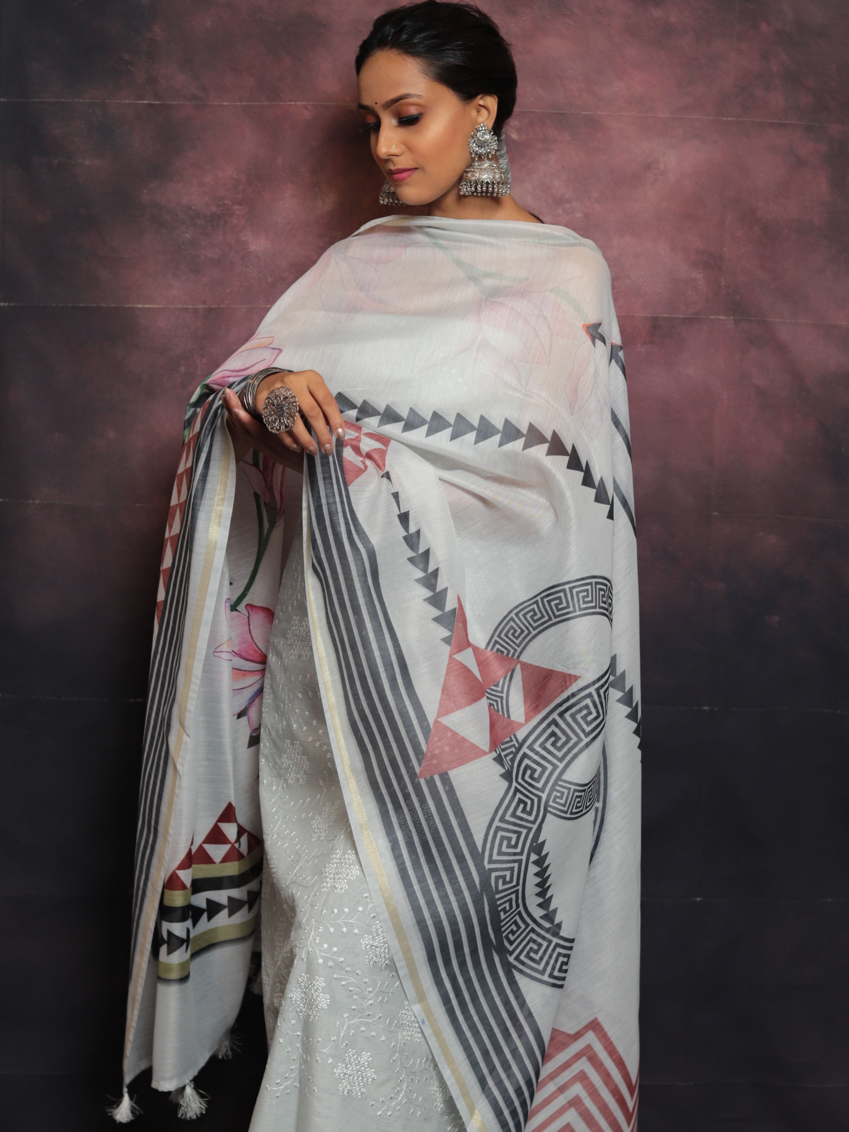Banarasee Embroidered Chanderi Salwar Kameez With Digital Print Dupatta-Grey