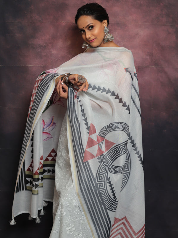 Banarasee Embroidered Chanderi Salwar Kameez With Digital Print Dupatta-Grey