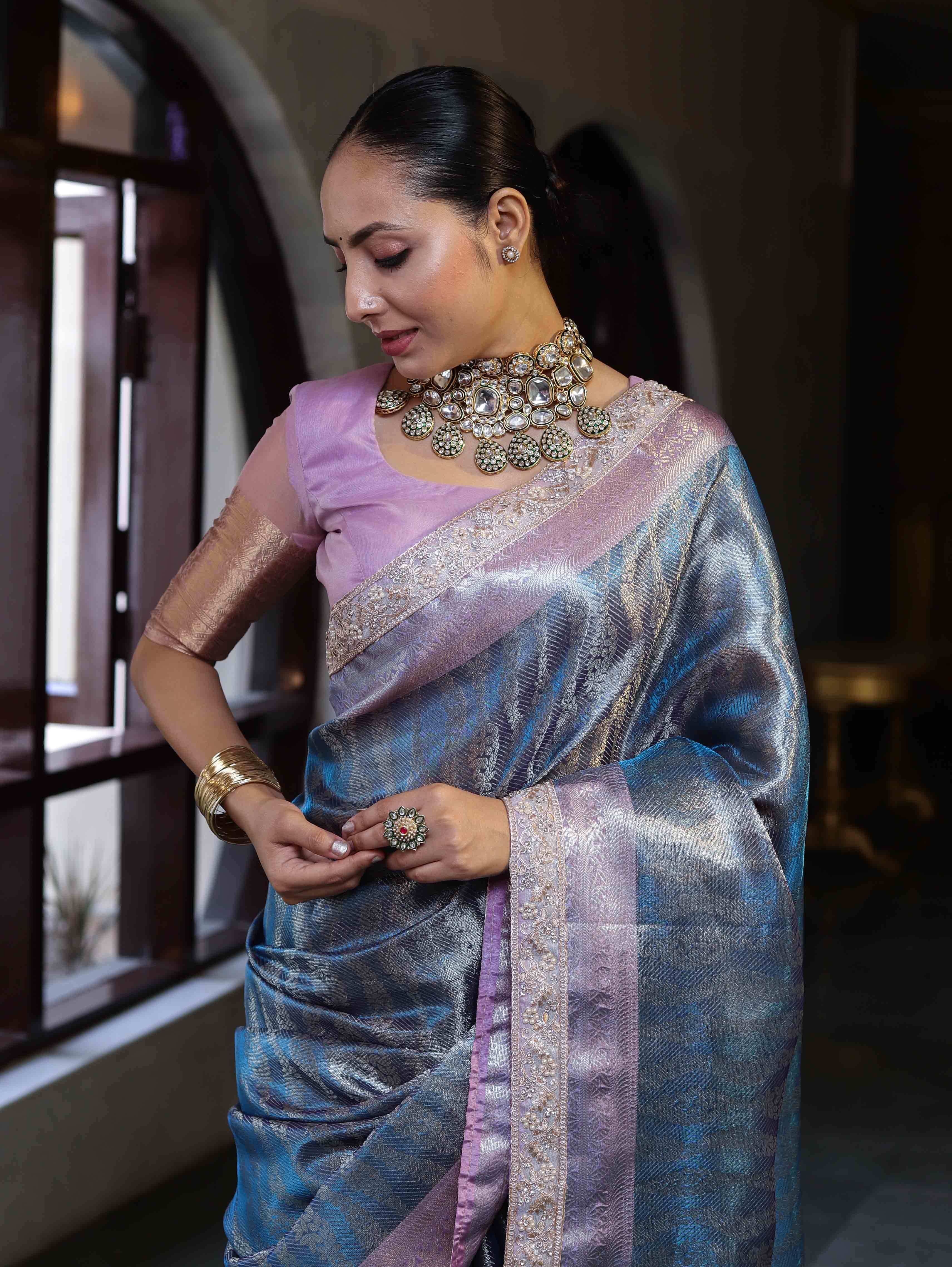 Banarasee Handwoven Tissue Saree With Zari Woven Design Contrast Border & Lace-Blue & Lavender