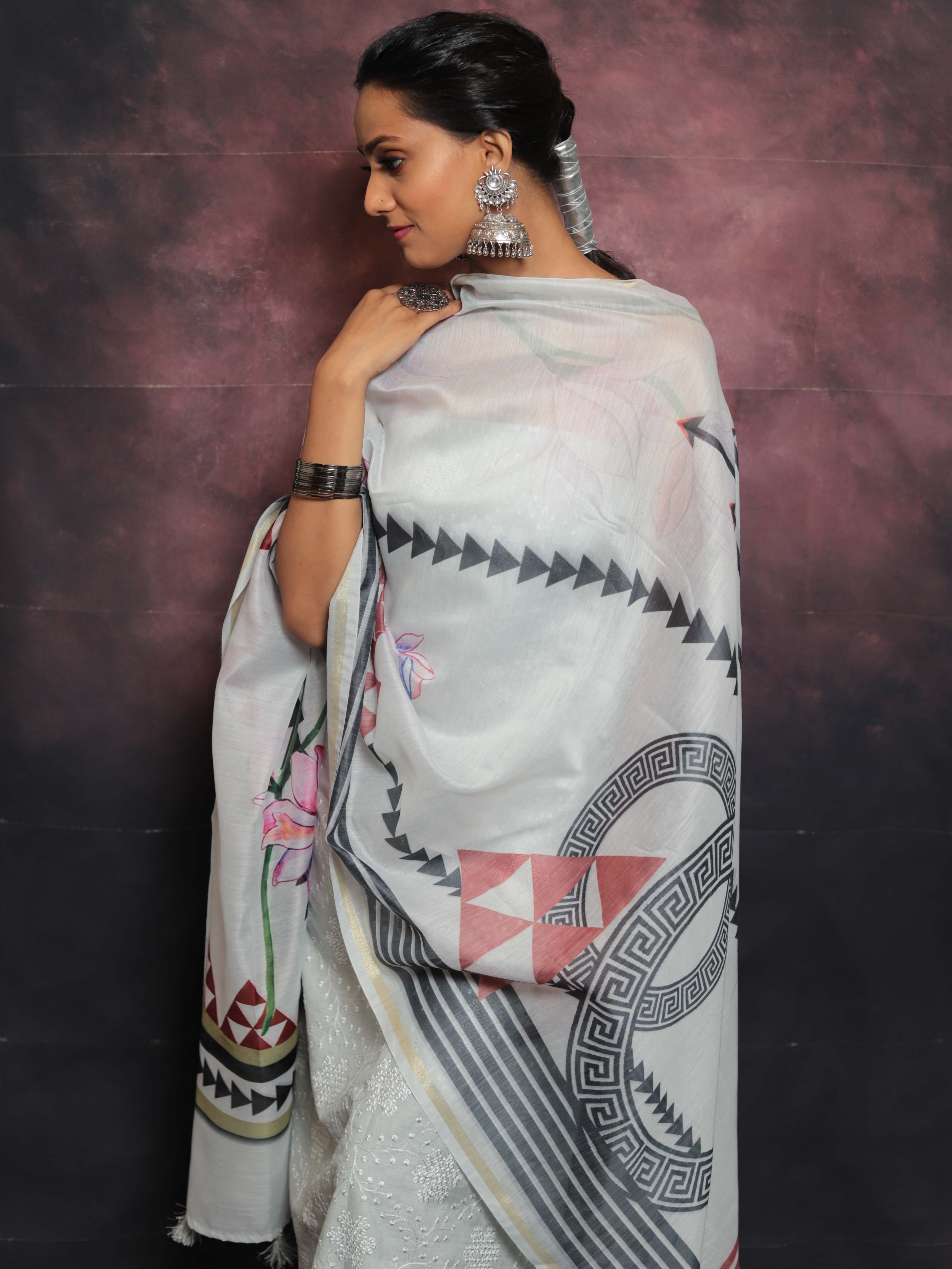 Banarasee Embroidered Chanderi Salwar Kameez With Digital Print Dupatta-Grey