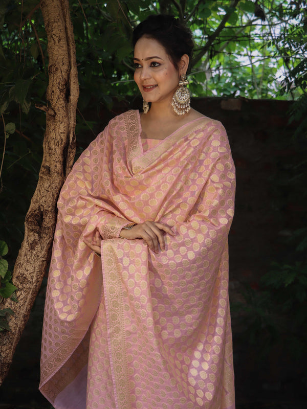 Banarasee Cotton Silk Zari Woven Salwar Kameez Dupatta Set-Light Pink
