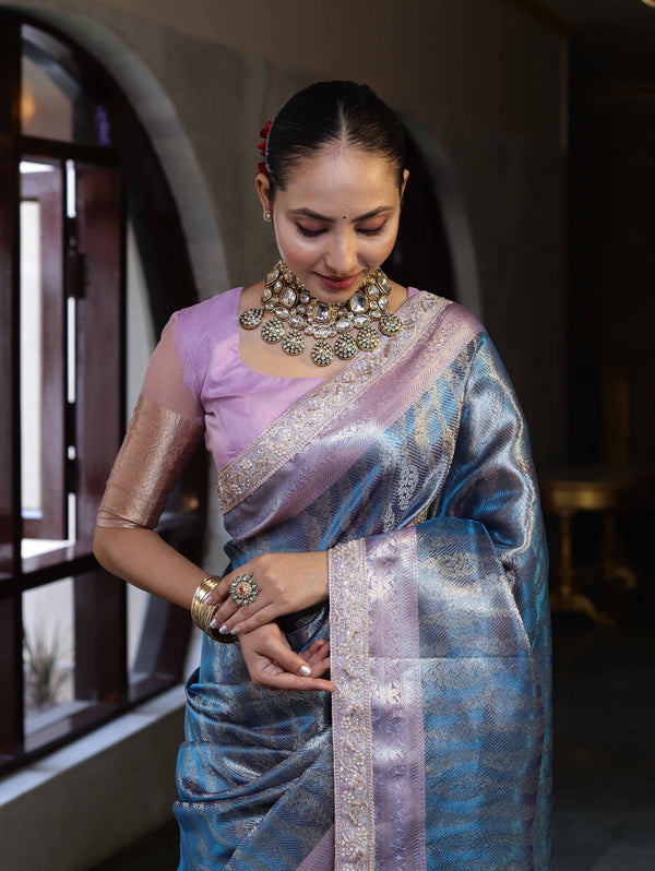 Banarasee Handwoven Tissue Saree With Zari Woven Design Contrast Border & Lace-Blue & Lavender