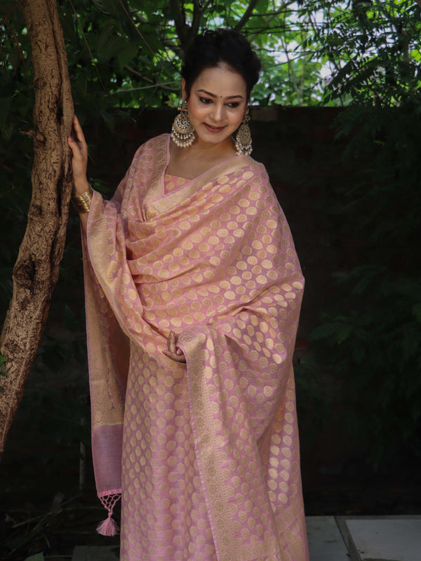 Banarasee Cotton Silk Zari Woven Salwar Kameez Dupatta Set-Light Pink