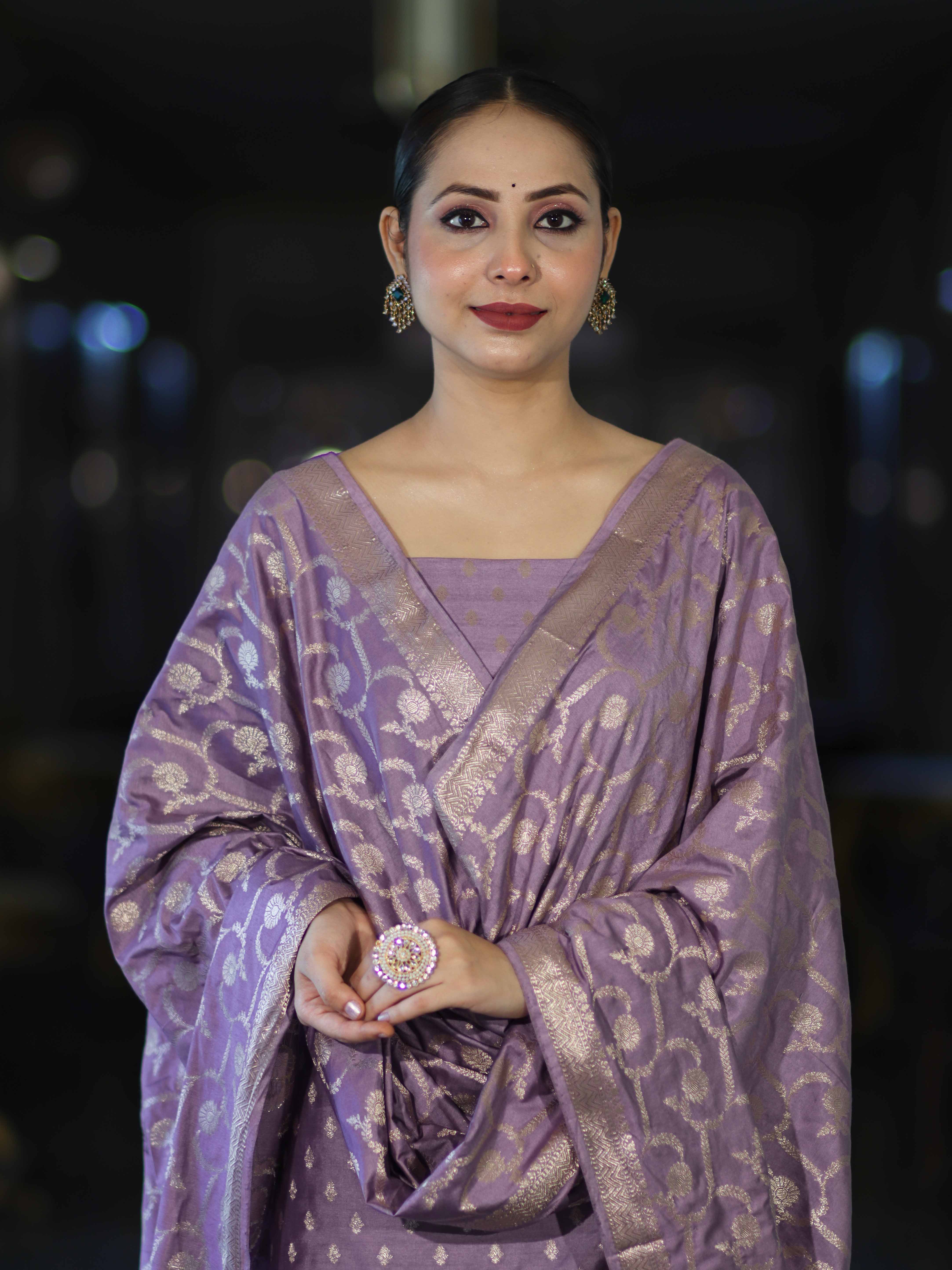 Banarasee Zari Embroidered Chanderi Silk Salwar Kameez With Dupatta Set-Lavender
