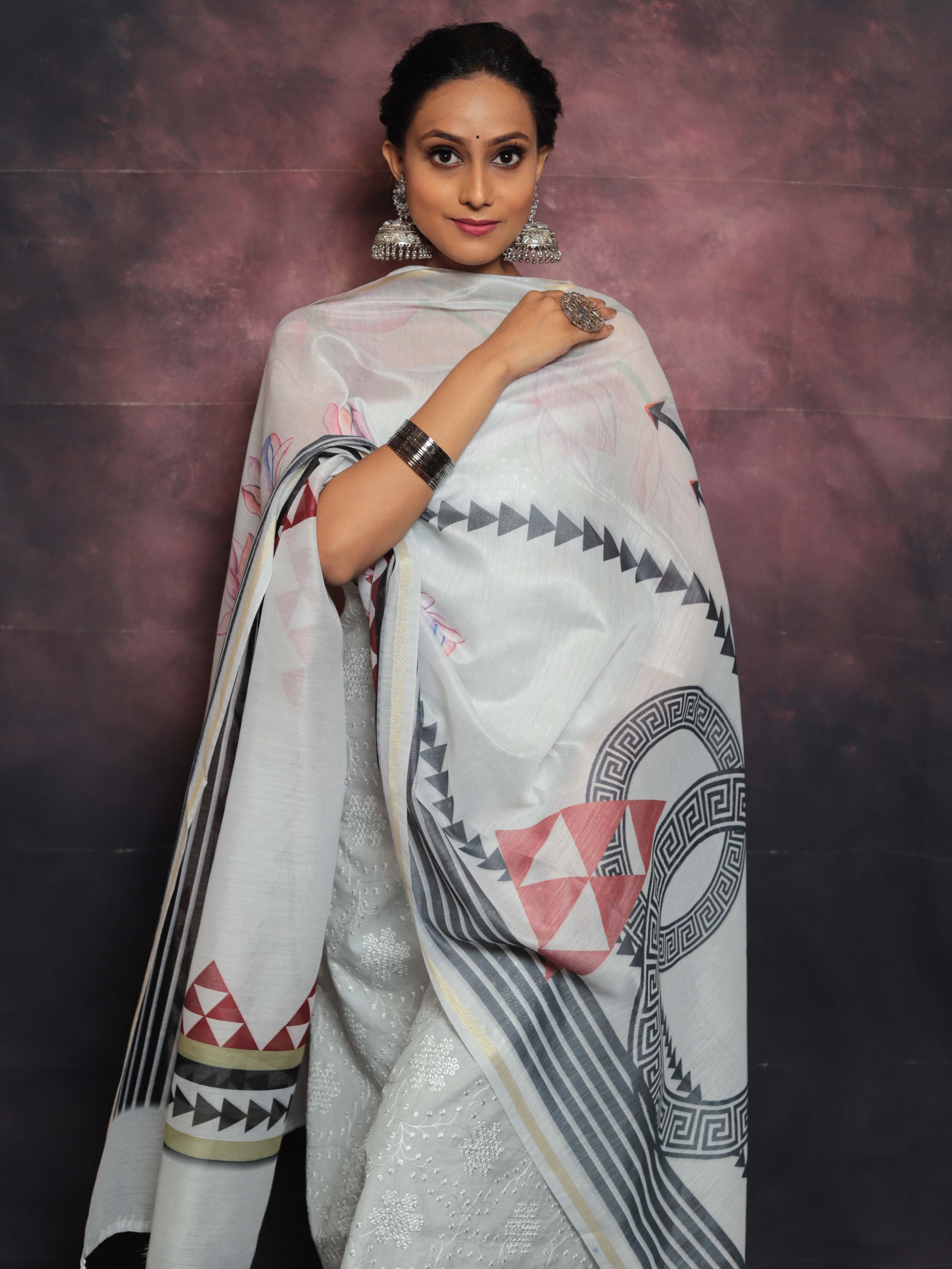 Banarasee Embroidered Chanderi Salwar Kameez With Digital Print Dupatta-Grey