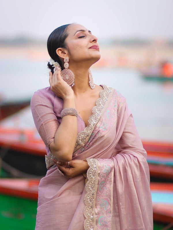 Banarasee Handloom Plain Soft Tissue Shine Saree With Resham Zari Border & Lace-Light Pink