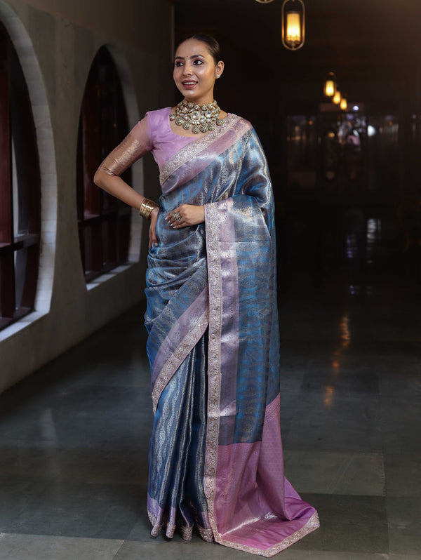 Banarasee Handwoven Tissue Saree With Zari Woven Design Contrast Border & Lace-Blue & Lavender