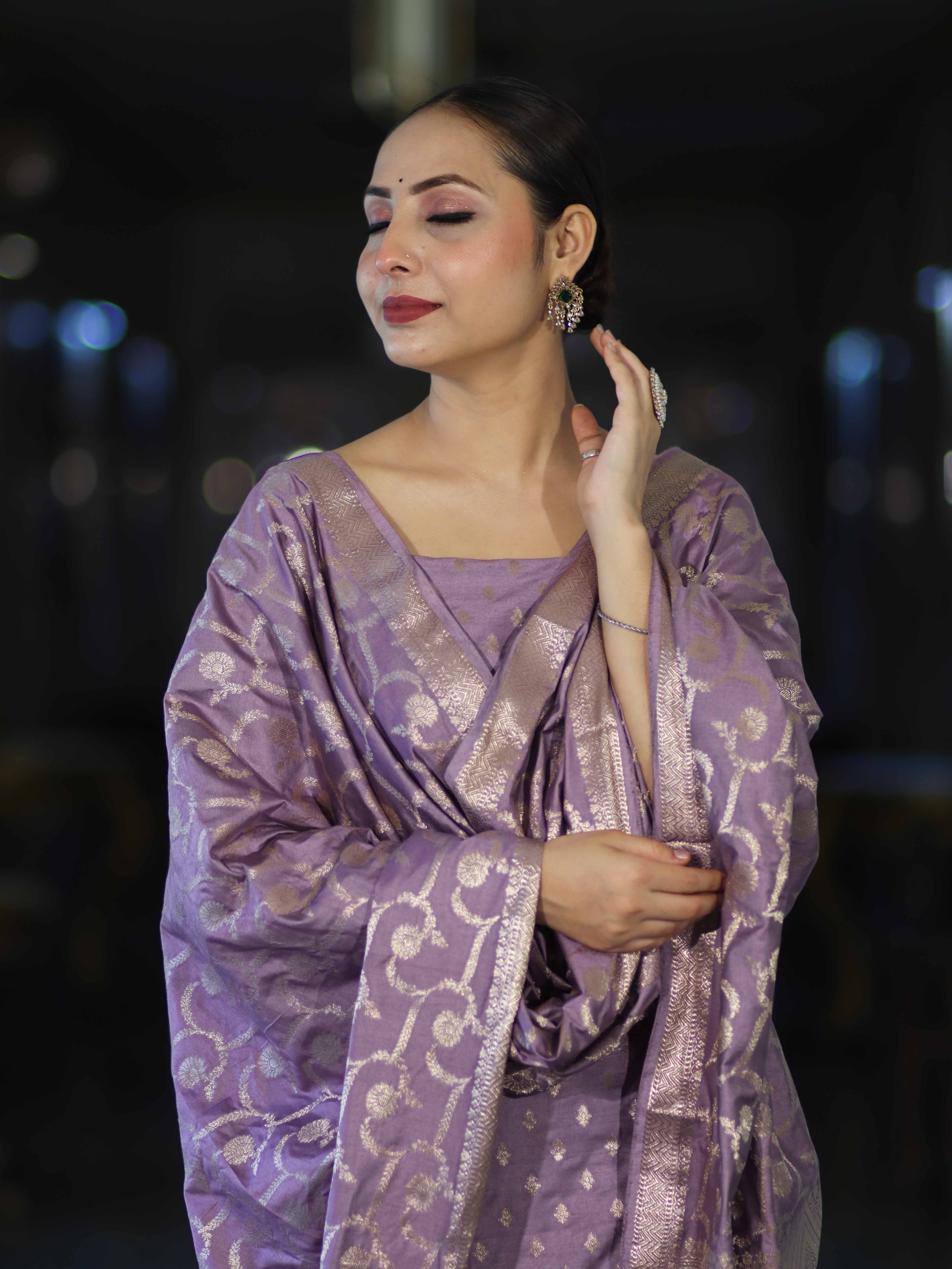 Banarasee Zari Embroidered Chanderi Silk Salwar Kameez With Dupatta Set-Lavender