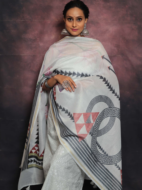 Banarasee Embroidered Chanderi Salwar Kameez With Digital Print Dupatta-Grey