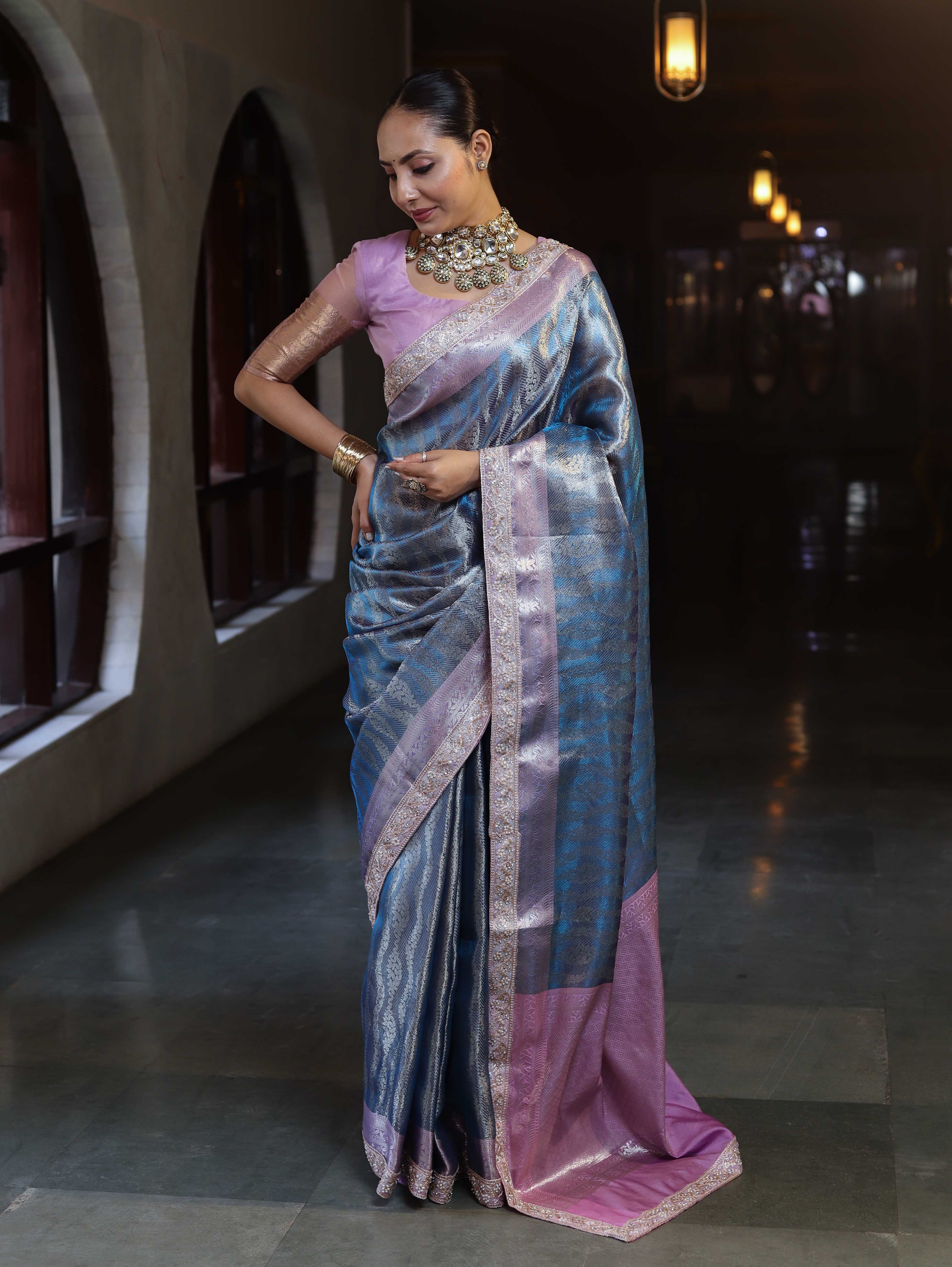 Banarasee Handwoven Tissue Saree With Zari Woven Design Contrast Border & Lace-Blue & Lavender