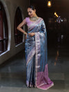 Banarasee Handwoven Tissue Saree With Zari Woven Design Contrast Border & Lace-Blue & Lavender