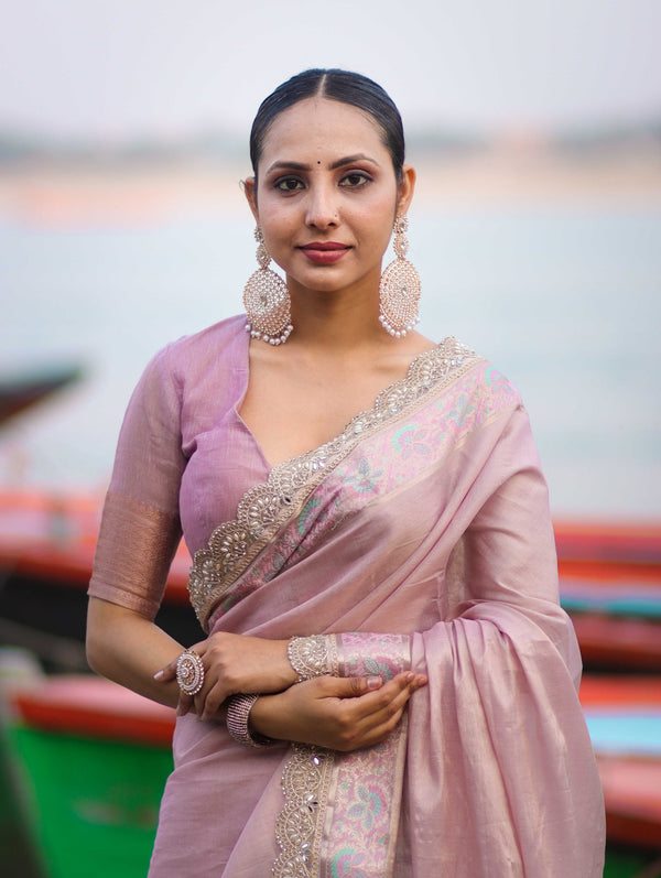 Banarasee Handloom Plain Soft Tissue Shine Saree With Resham Zari Border & Lace-Light Pink