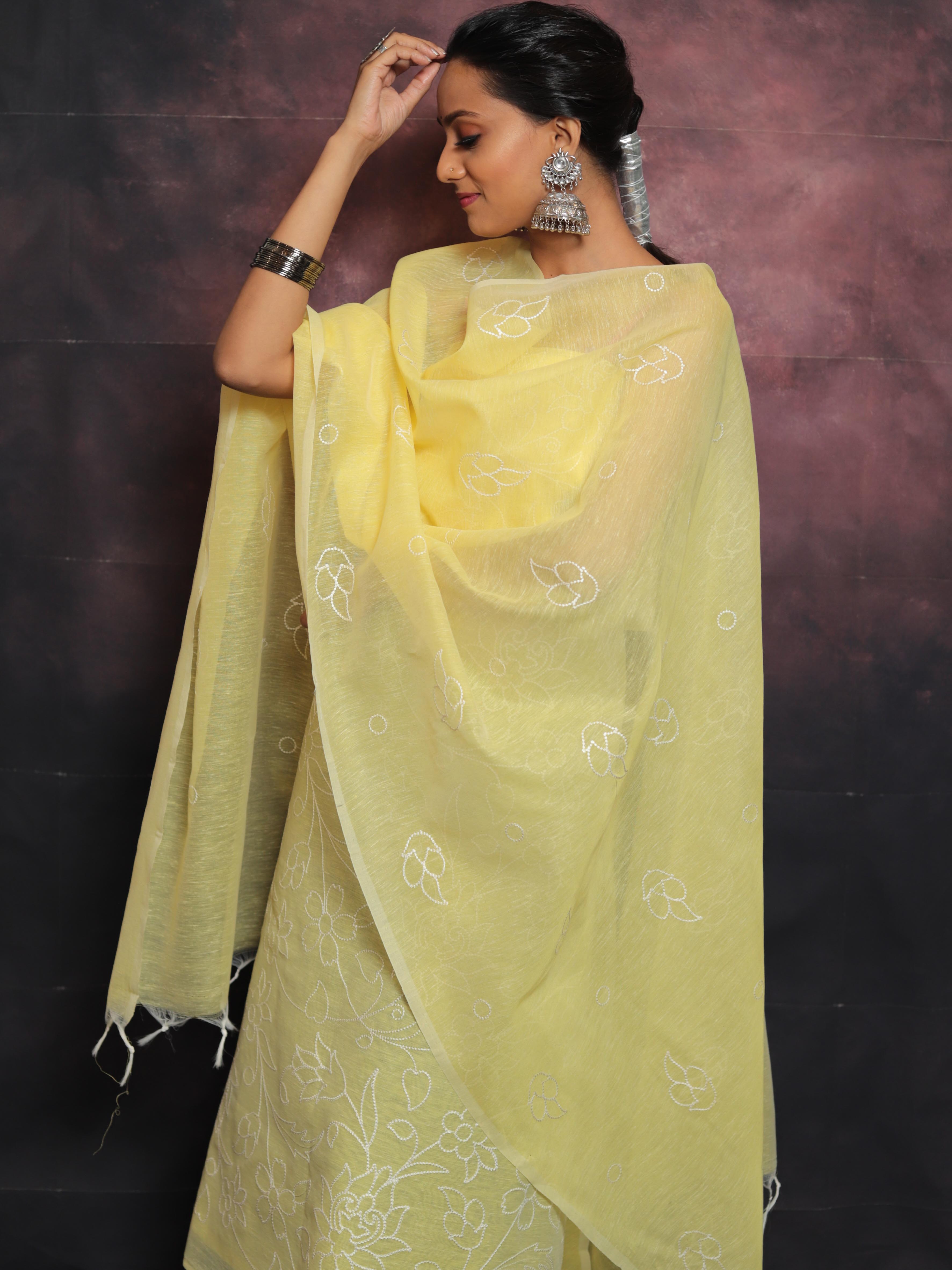 Banarasee Embroidered Linen Cotton Salwar Kameez With Dupatta-Yellow