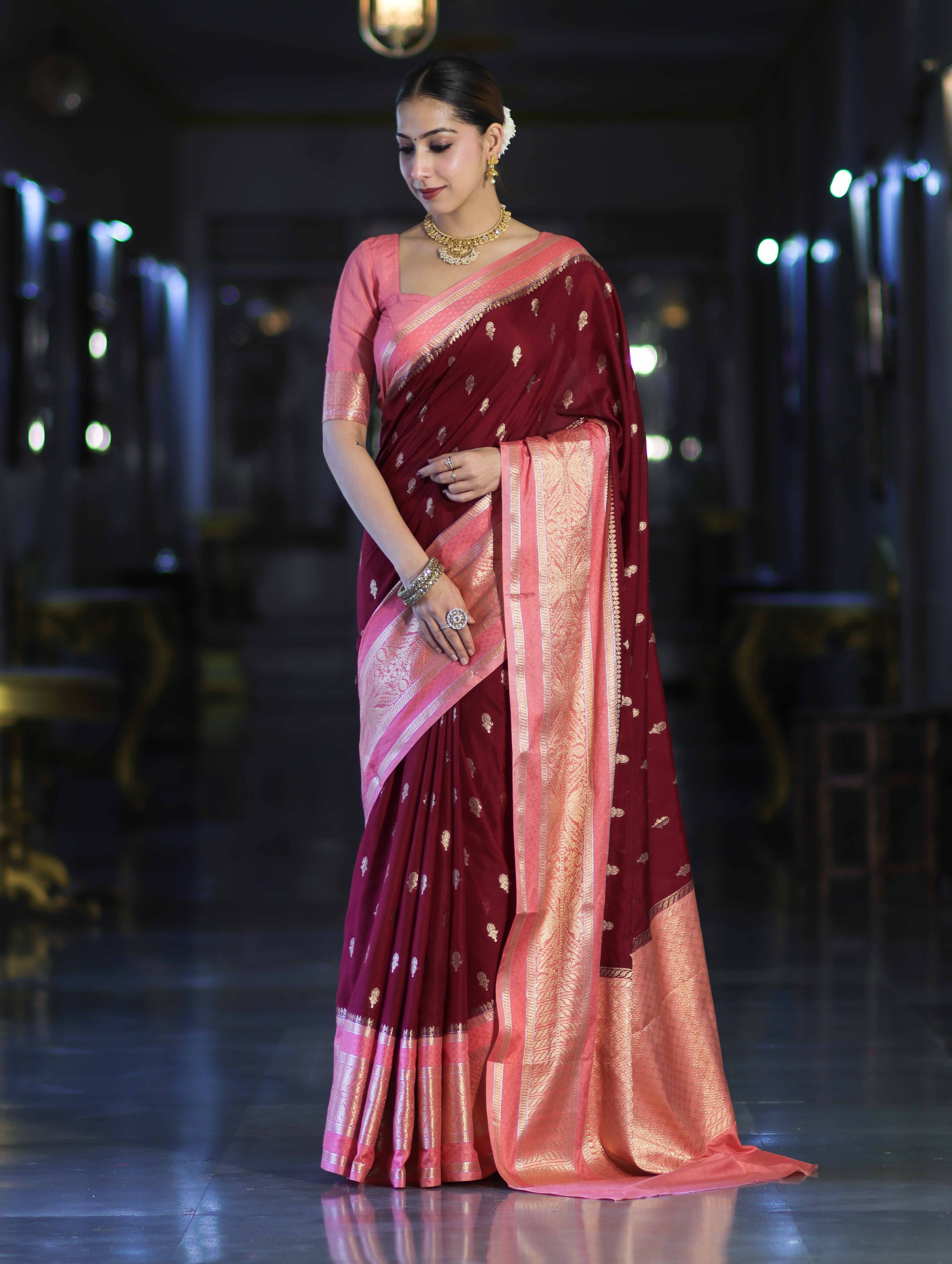 Banarasee Handloom Semi Silk Saree With Zari Buti Design & Contrast Border-Burgundy & Peach