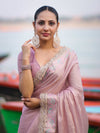Banarasee Handloom Plain Soft Tissue Shine Saree With Resham Zari Border & Lace-Light Pink