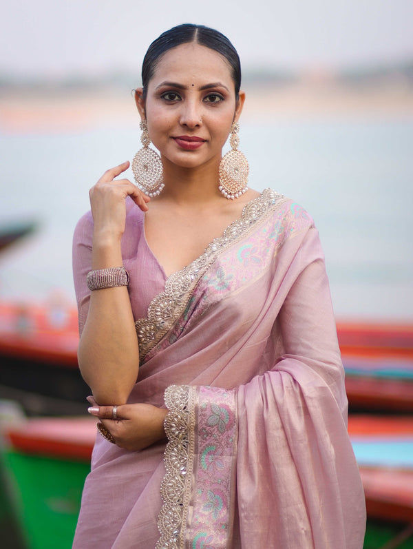 Banarasee Handloom Plain Soft Tissue Shine Saree With Resham Zari Border & Lace-Light Pink