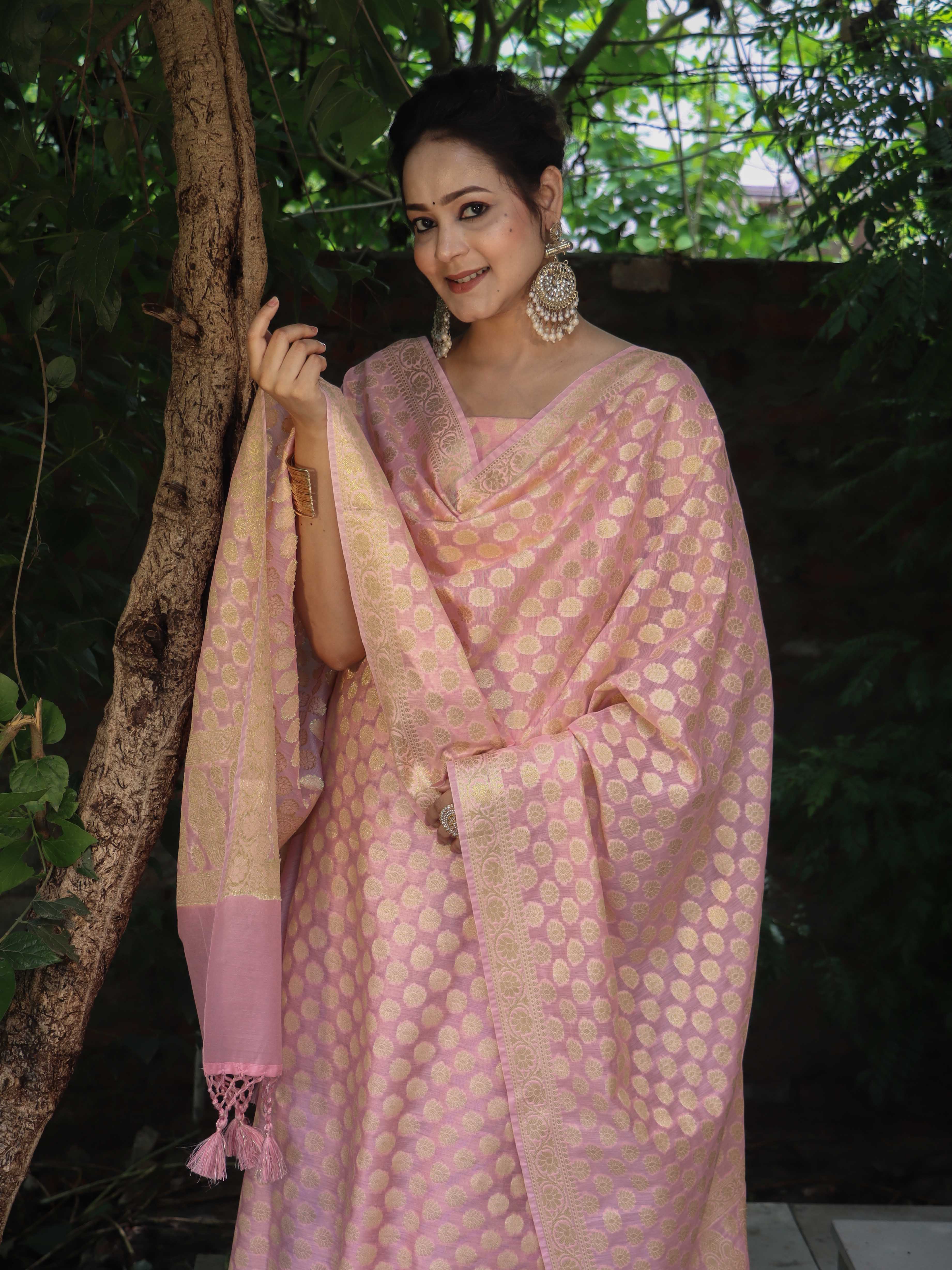 Banarasee Cotton Silk Zari Woven Salwar Kameez Dupatta Set-Light Pink