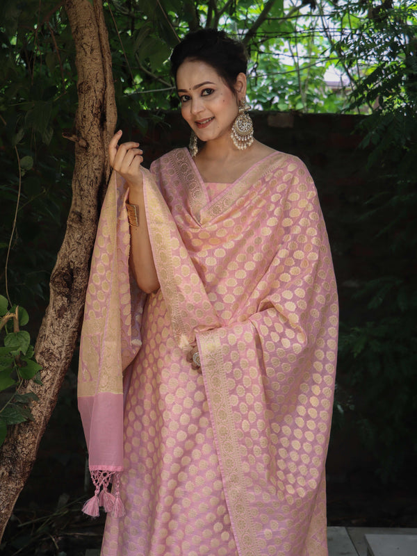 Banarasee Cotton Silk Zari Woven Salwar Kameez Dupatta Set-Light Pink