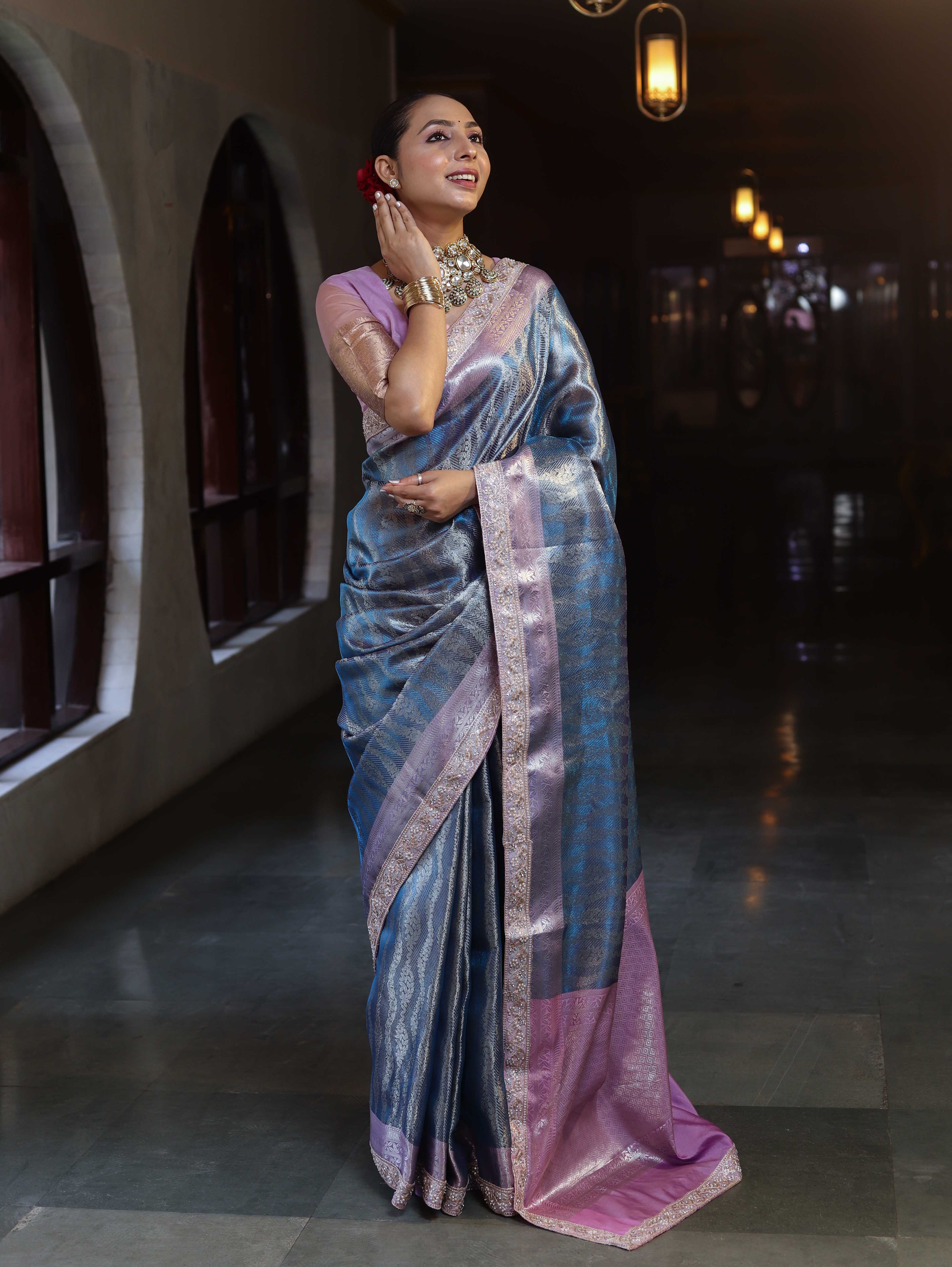 Banarasee Handwoven Tissue Saree With Zari Woven Design Contrast Border & Lace-Blue & Lavender