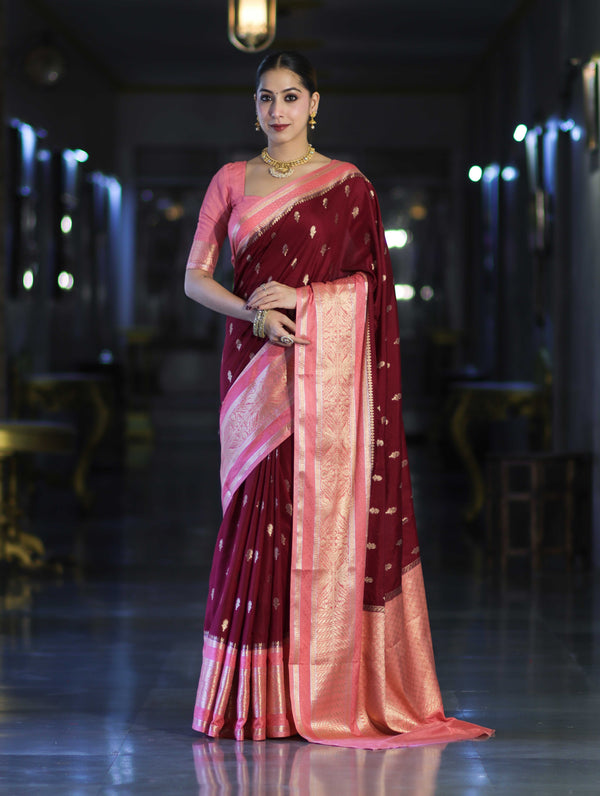 Banarasee Handloom Semi Silk Saree With Zari Buti Design & Contrast Border-Burgundy & Peach