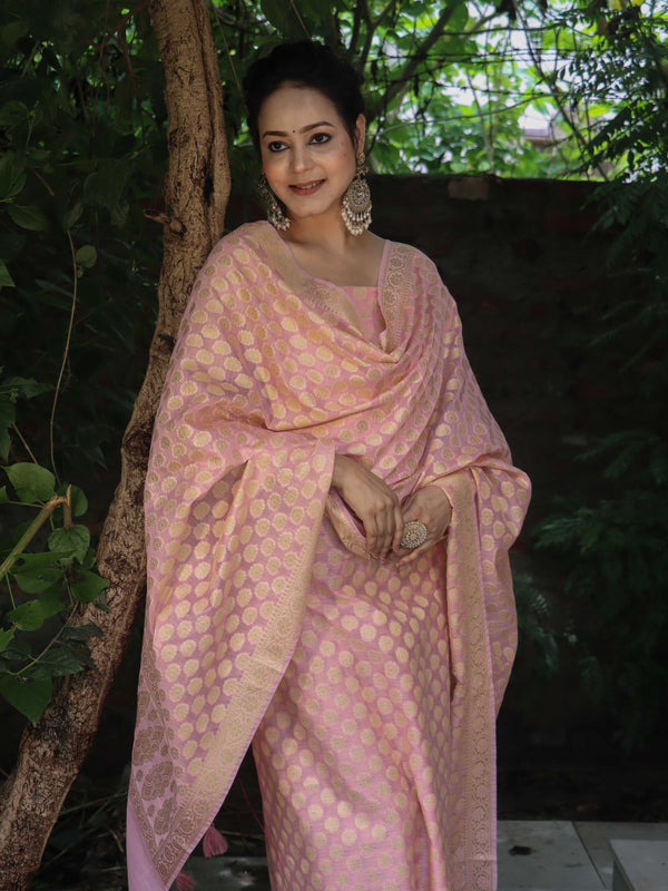 Banarasee Cotton Silk Zari Woven Salwar Kameez Dupatta Set-Light Pink