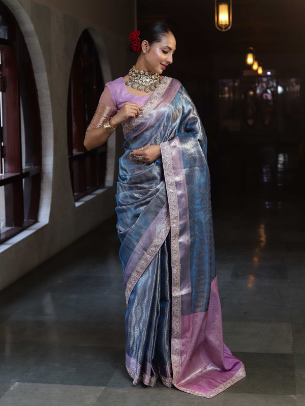 Banarasee Handwoven Tissue Saree With Zari Woven Design Contrast Border & Lace-Blue & Lavender