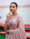 Banarasee Handloom Plain Soft Tissue Shine Saree With Resham Zari Border & Lace-Light Pink
