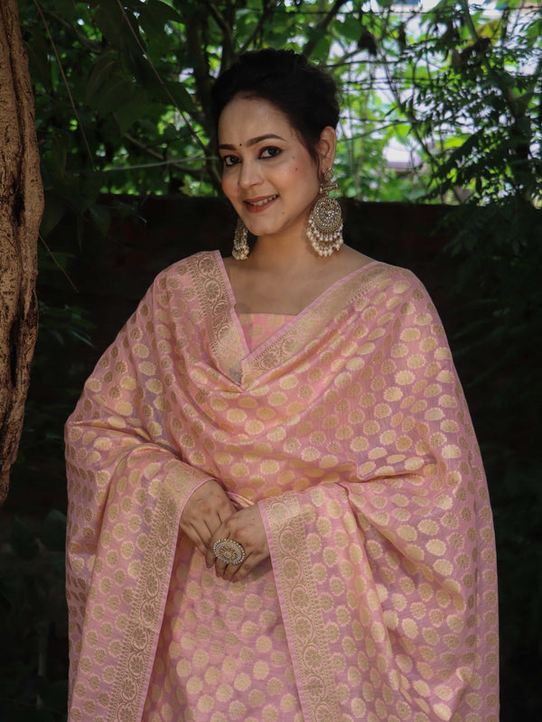 Banarasee Cotton Silk Zari Woven Salwar Kameez Dupatta Set-Light Pink