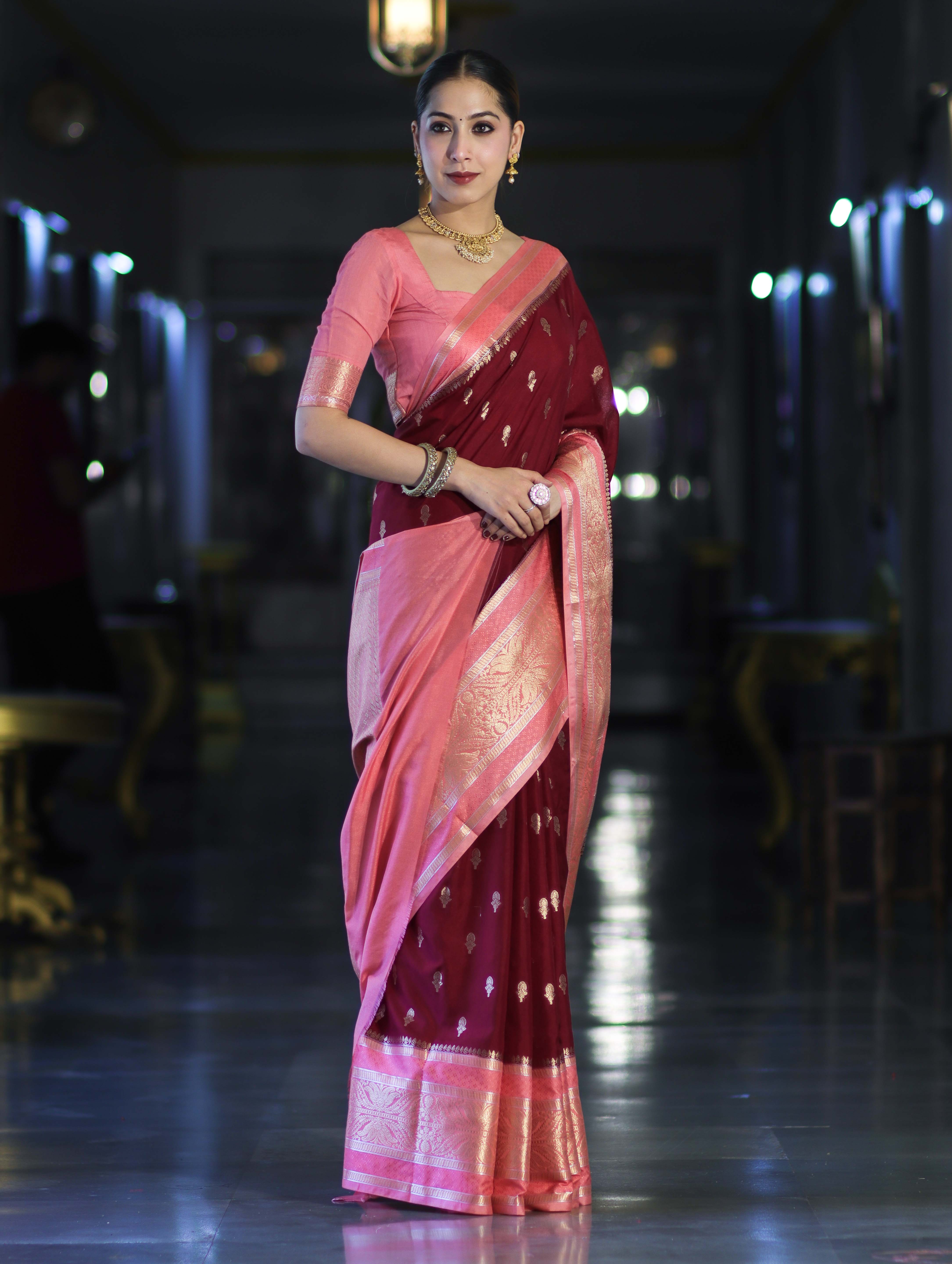 Banarasee Handloom Semi Silk Saree With Zari Buti Design & Contrast Border-Burgundy & Peach