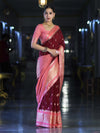 Banarasee Handloom Semi Silk Saree With Zari Buti Design & Contrast Border-Burgundy & Peach