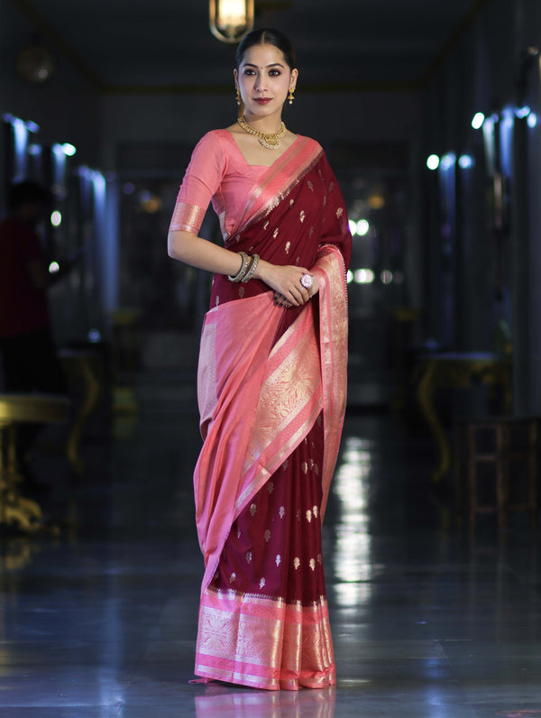 Banarasee Handloom Semi Silk Saree With Zari Buti Design & Contrast Border-Burgundy & Peach