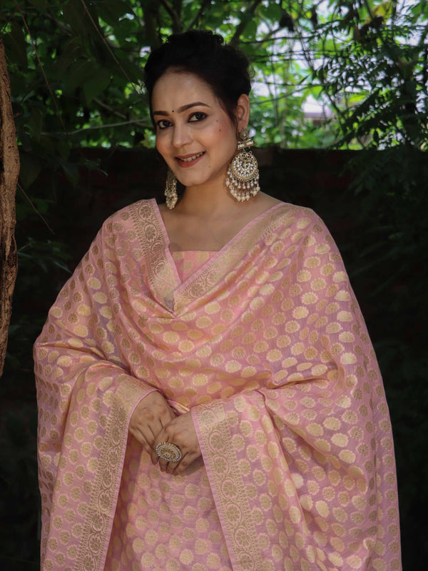 Banarasee Cotton Silk Zari Woven Salwar Kameez Dupatta Set-Light Pink