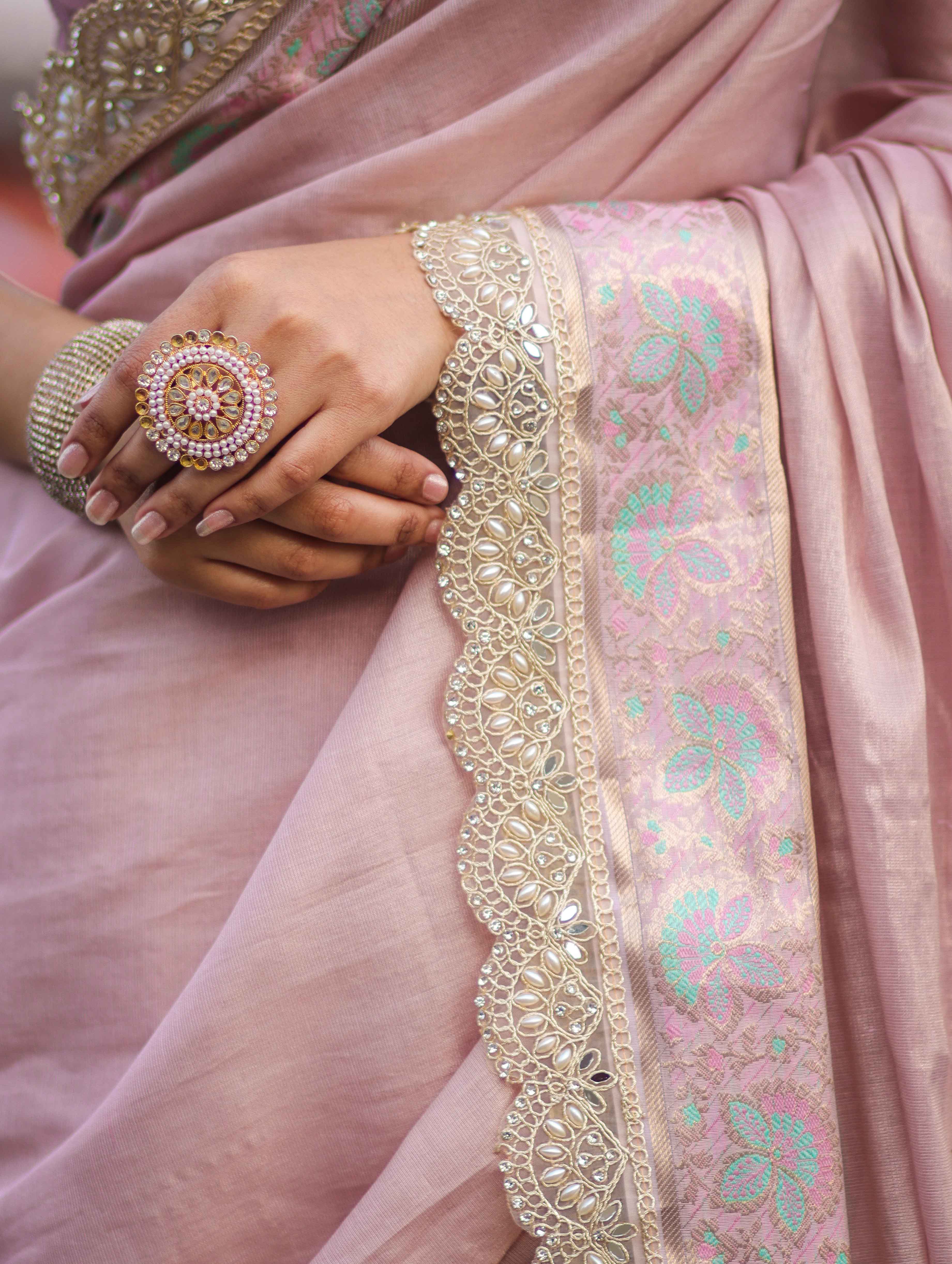 Banarasee Handloom Plain Soft Tissue Shine Saree With Resham Zari Border & Lace-Light Pink